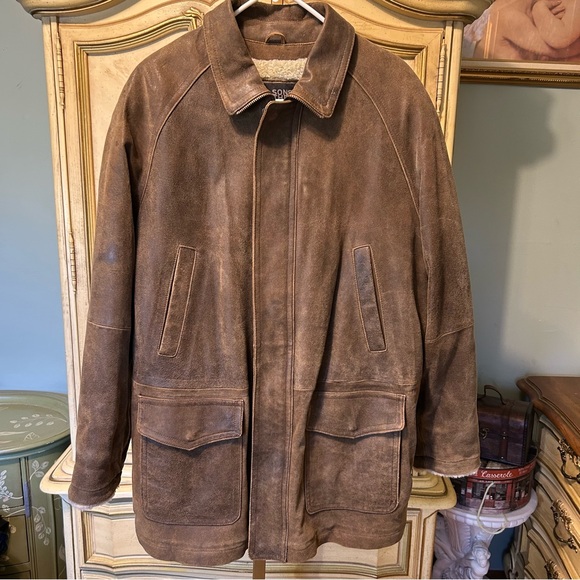 Wilsons Pelle Studio Brown Leather Sherpa Fur Lined Mid Length Heavy Winter Coat - Picture 3 of 17